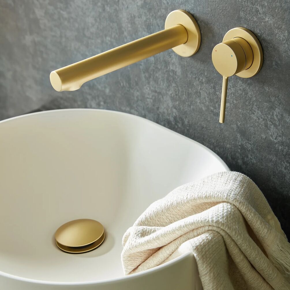 Vado Safari Lever Satin Brass 2 Tap Hole Wall Mounted Basin Mixer - Lifestyle